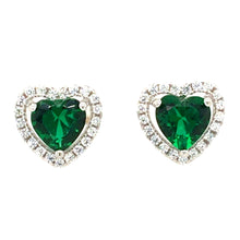 Load image into Gallery viewer, Emerald Green Silver Halo Heart Earrings

