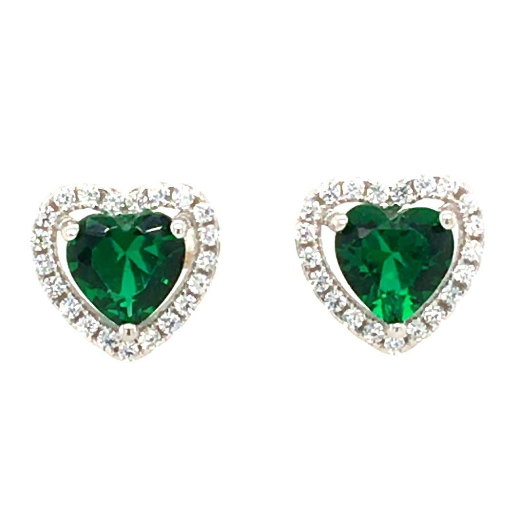 Emerald Green Silver Halo Heart Earrings
