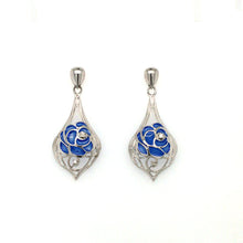 Load image into Gallery viewer, Diamond &amp; Enamel Blue Rose Statement Earrings

