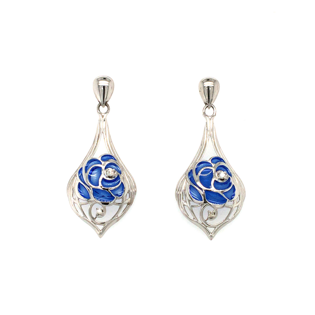 Diamond & Enamel Blue Rose Statement Earrings