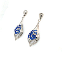 Load image into Gallery viewer, Diamond &amp; Enamel Blue Rose Statement Earrings
